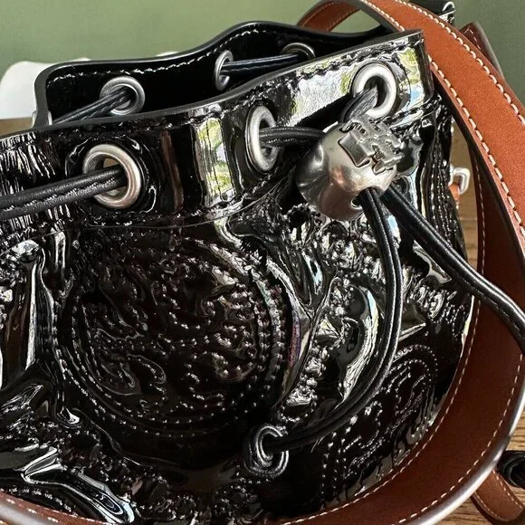 NWT! New! Tory Burch T Monogram Embroidered Patent Bucket Bag -BLACK Large - Picture 7 of 14